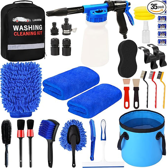 LIANXIN 37Pcs Car Wash Kit Cleaning Kits with Foam Gun Sprayer Bucket Towels Tire Brush Wash Mitt Sponge Duster Brush Car Wash Detailing Kit is Complete Car Care Tools