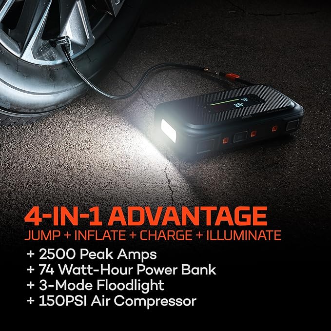 NEBO Assist Air 2500XP+ Jump Starter and Air Compressor | 4-in-1 2500 Amps Car Jump Starter, Air Compressor 150 PSI, Charger, and Floodlight, USB Compatible, Automotive, Emergency, Spark-Proof Safety