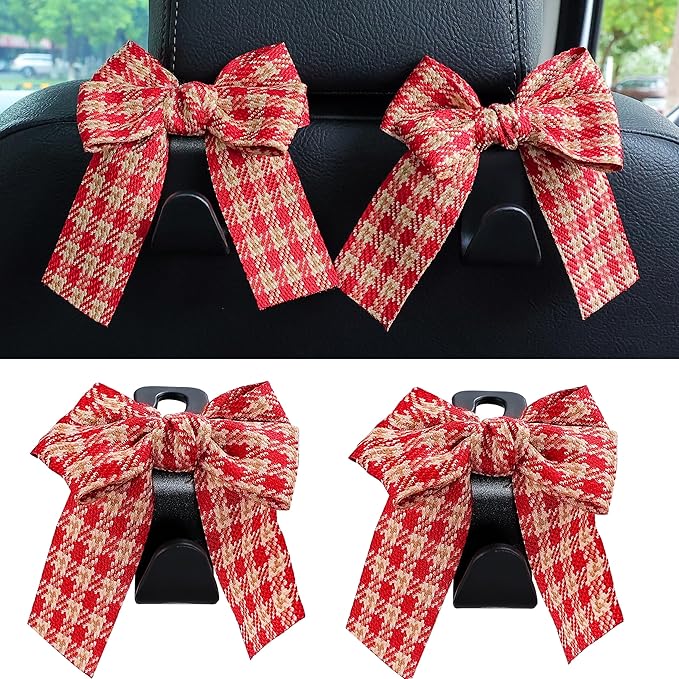 Amooca Car Seat Headrest Hook Cute Bowknot Vehicle Hanger Car Storage Organizer for Handbag Purse Coat Grocery Bag Black Red Plaid