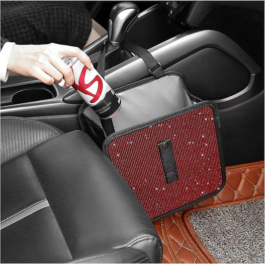 Foldable Trash Cans with Rhinestone, Bling Car Bin for Seat Organizer & Decorations, Universal Bling Accessories for Most SUVs, Trucks (Red)