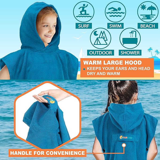 SUN CUBE Kids Changing Robe Surf Poncho, Kids Beach Towels for Teens, Microfiber Hooded Wearable Swim Towel Boys Girls Teenagers