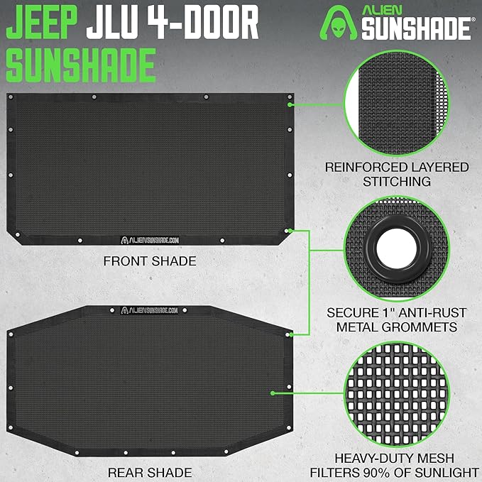 Alien Sunshade Jeep Wrangler JLU (2018-2023) – Front & Rear Mesh Sun Shade for Jeep JL Unlimited - Blocks UV, Wind, Noise - Bikini JLkini Top Cover for Sport, Sport S, Sahara, Rubicon (Black)