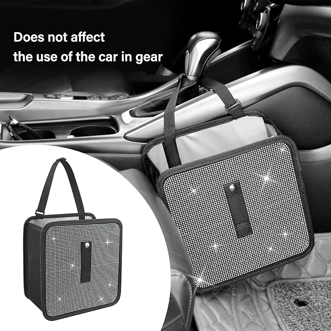 Foldable Car Trash Cans with Rhinestone,Bling Car Trash Bin for Car Seat Organizer & Car Decorations,Universal Bling Car Accessories Car Garbage Can for Most Cars,SUVs,Trucks (White)