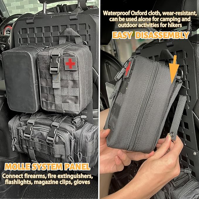 MAIKER Rigid Molle Panels for Vehicles Truck Mount Rack Tactical Seat Back Organizer Versatile Panel with 3 Storage Bag & 5 Hook and Loop Fasteners & 2 Elastic Rope for Storage Gears Accessories