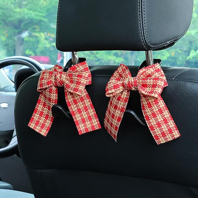 Amooca Car Seat Headrest Hook Cute Bowknot Vehicle Hanger Car Storage Organizer for Handbag Purse Coat Grocery Bag Black Red Plaid