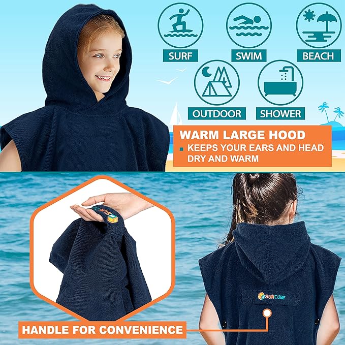 SUN CUBE Kids Changing Robe Surf Poncho, Kids Beach Towels for Teens, Microfiber Hooded Wearable Swim Towel Boys Girls Teenagers