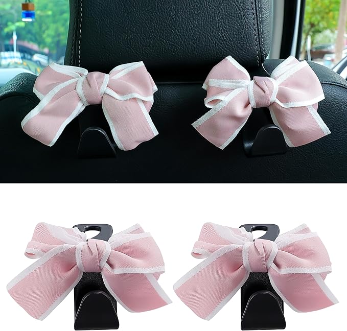 Amooca Car Seat Headrest Hook Cute Bowknot Vehicle Hanger Car Storage Organizer for Handbag Purse Coat Grocery Bag Black Pink