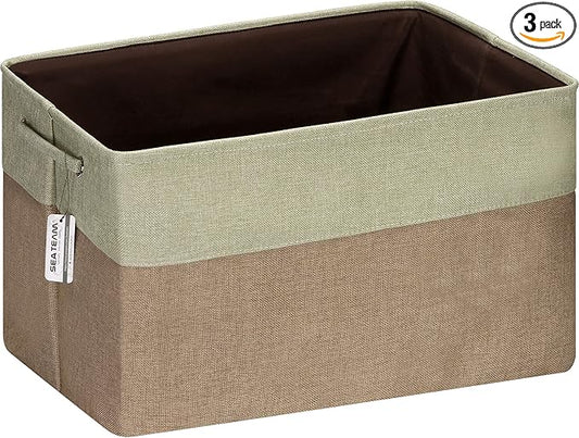 Sea Team 3-Pack Extra Large Storage Basket Set, Trunk Organizer, Clothes Toys Bin, 22 x 15 x 13 Inches, Rectangular Canvas Fabric Collapsible Shelf Box with Handles for Kids Room (Olive/Lime)