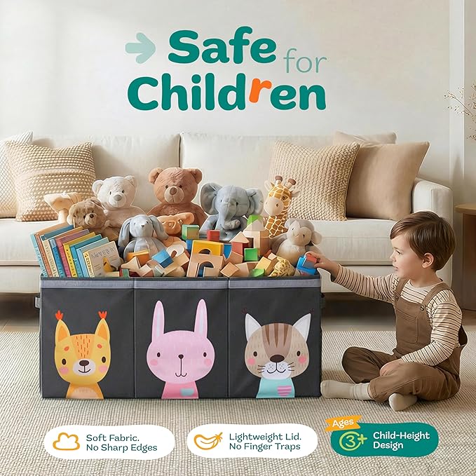 Extra Large Toy Storage Organizer with Lid - Sturdy, Collapsible Toy Chest Storage Box with Cute Design - Toys Bin with Dividers for Kids, Boys, Girls, Nursery, Bedroom, Play room 37"x16"x14"