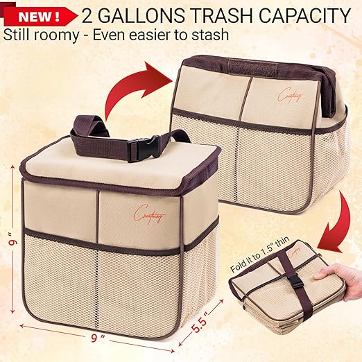 Creathing Leakproof Car Trash Can [2 Gal] Universal Garbage Bin for Cars, Trucks, SUVs | Securely Mounts on Floor, Console, or Seat (Beige)