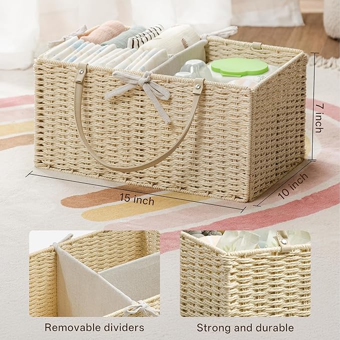 Angelhood Large Paper Rope Diaper Caddy, Baby Essentials Organizer, Portable Baby Shower Baskets Gift Bin, Car Storage Bag for Nursery