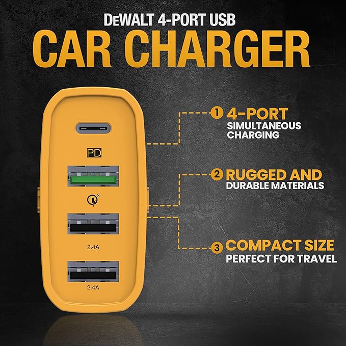 DEWALT Heavy Duty 4 Port USB C Car Charger Multiport, Fast 60W USB Cigarette Lighter Adapter, PD Type C Multi Car Phone Charger, Cell Phone Automobile Chargers Compatible iPhone 17/16/15 Samsung