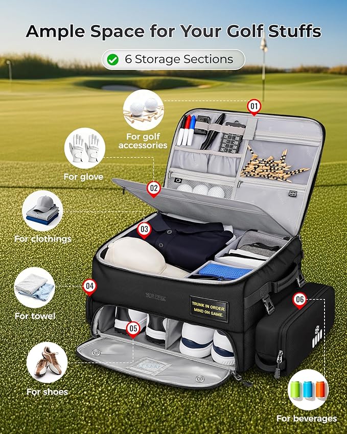 YOREPEK Upgraded Golf Trunk Organizer, Golf Gifts for Men, with Removable Insulated Pouch&Dust-Proof Protective Layer, Multi-Compartment fits 2 Pairs of Shoes, Golf Accessories