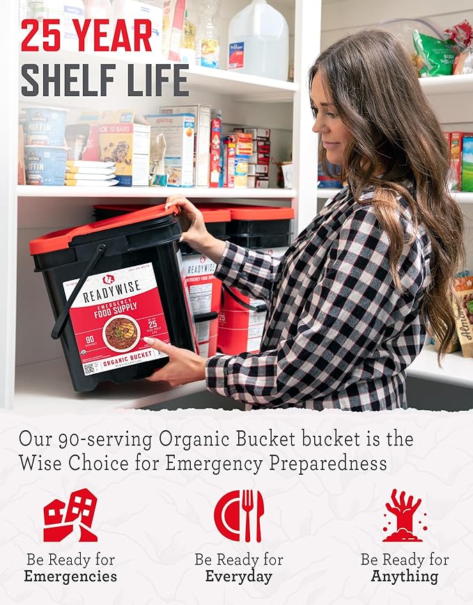 ReadyWise Emergency Food Supply - 90 Servings Organic Bucket, Protein Meals, Dehydrated & Freeze Dried Survival Food for Backpacking, Camping Essentials & Prepping Supplies, up to 25 Year Shelf Life