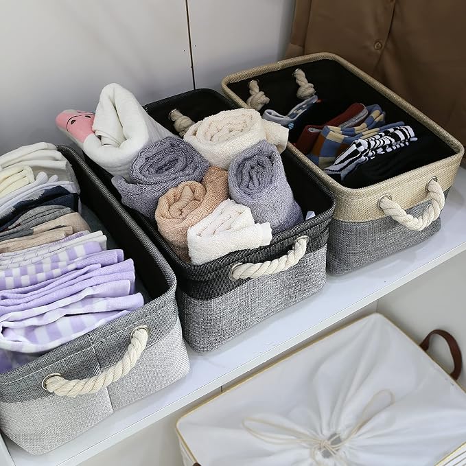Sea Team 3-Pack Small Storage Basket Set, Storage Cube Organizer, Storage Bins, 12 x 8 x 5 Inches, Rectangle Canvas Fabric Collapsible Shelf Box with Handles for Kids Room (Grey/Black)