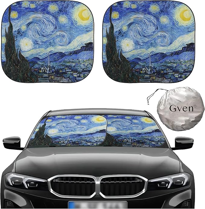 Gven Windshield Sun Shade for Car 2-Piece Foldable Sunshade for Front Windows, Blocks UV Rays, Automotive Interior Sun Protection Car Summer Accessories（Starry Night,S）
