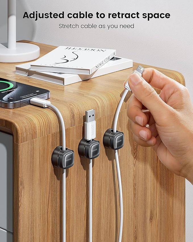 6 Pack Magnetic Cable Clips – Cord Organizer & Holder, Toocki Adhesive Cable Management, Wire Holder for USB Charging Cables, Ideal for Home, Office, Car, Desk, and Nightstand-Black