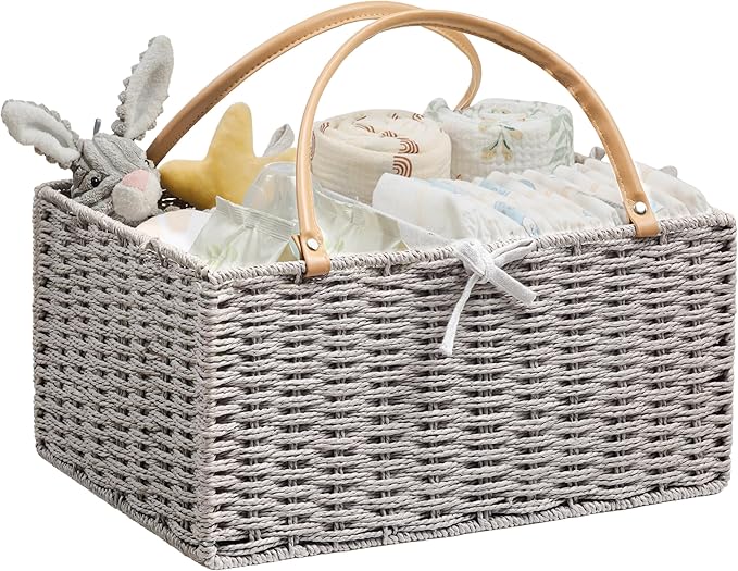 Angelhood Large Paper Rope Diaper Caddy, Baby Essentials Organizer, Portable Baby Shower Baskets Gift Bin, Car Storage Bag for Nursery