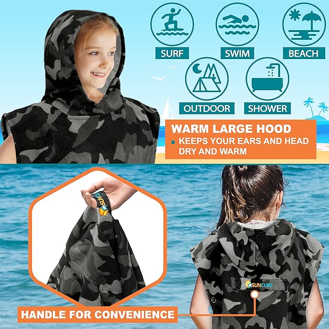 SUN CUBE Kids Changing Robe Surf Poncho, Kids Beach Towels for Teens, Microfiber Hooded Wearable Swim Towel Boys Girls Teenagers