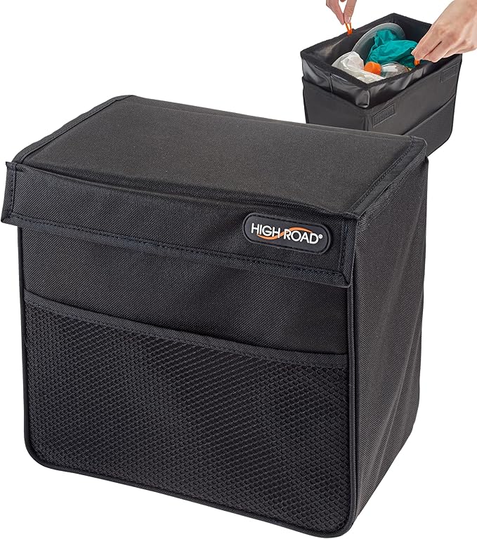 High Road TrashStand Weighted Car Trash Can with Lid and Removable Leakproof Liner - Universal Fit Behind Center Console in Back Seat - Holds 2 Gallons of Car Garbage