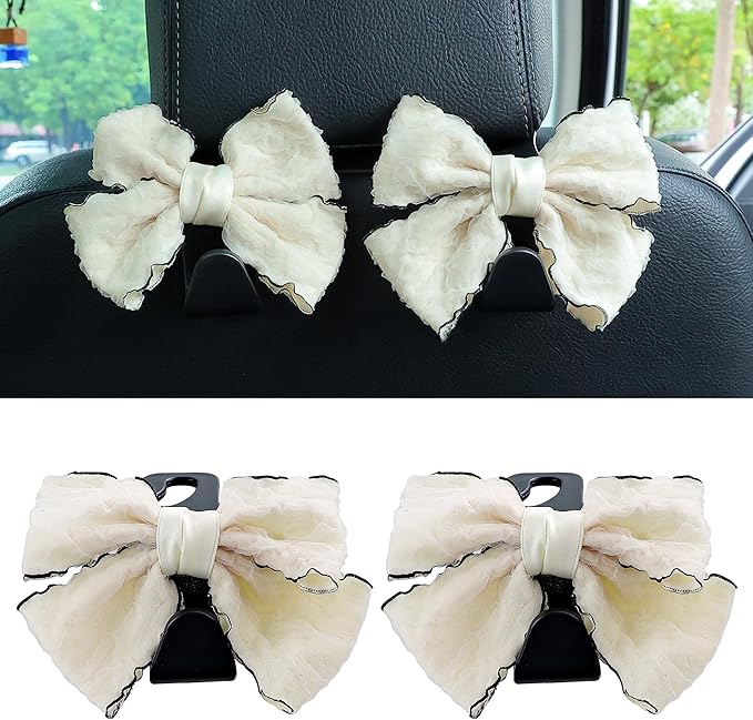 Amooca Car Seat Headrest Hook Cute Bowknot Vehicle Hanger Car Storage Organizer for Handbag Purse Coat Grocery Bag Puff Ivory