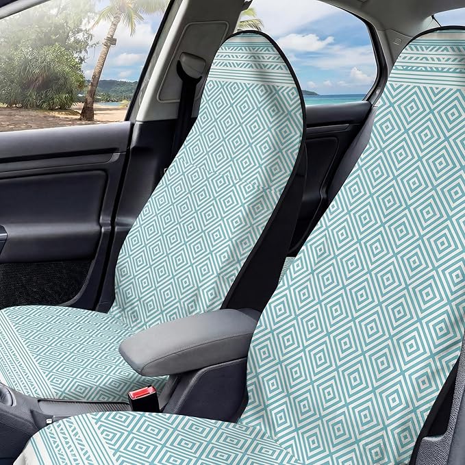 2 Pack Car Seat Towel Covers, Sweat Protector for Front Seats, Premium Thickened Microfiber with Boho Geometric, Breathable & Quick Dry, Slip-on Headrest Pocket for Gym, Beach, Running (Light Blue)