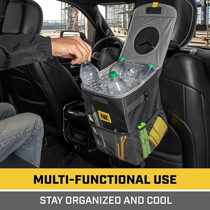CAT® 3-Piece Car Organizer Bundle – Collapsible Trunk Organizer, Portable Seat Caddy with Adjustable Straps & 2.4 Gallon Leak-Proof Trash Can Cooler for Cars, Trucks, and SUVs Black