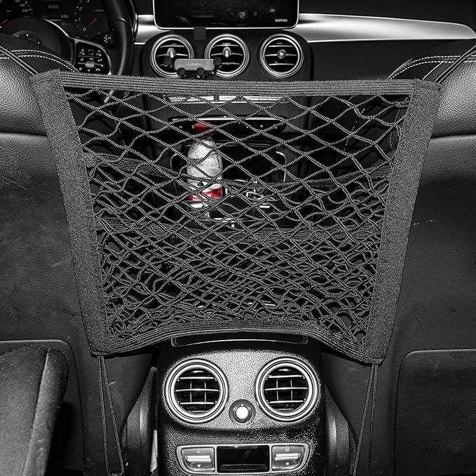 3 Layer Car Mesh Organizer Between Front Seats, Pet Dog Kid Net Barrier Car Net Pocket Elastic Storage Bag Tissue Purse Holder for SUV Truck Van, 15.7 x 13.7 Inch