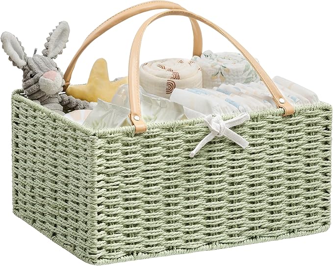 Angelhood Large Paper Rope Diaper Caddy, Baby Essentials Organizer, Portable Baby Shower Baskets Gift Bin, Car Storage Bag for Nursery