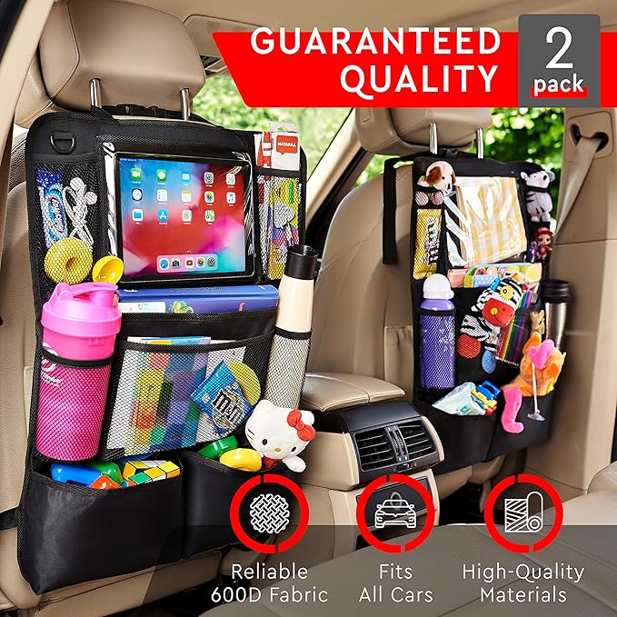 Helteko Backseat Car Organizer, Kick Mats Back Seat Protector with Touch Screen Tablet Holder, Back Seat Organizer for Kids with 9 Storage Pockets, Travel Accessories (2 Pack, Beige)