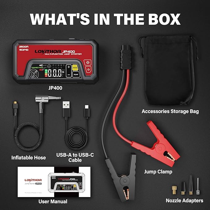 LOKITHOR JP400 Jump Starter with Air Compressor, 2500A 12V Portable Car Battery Booster Pack (8.5L Gas/6.5L Diesel) with ConnectMax Tech, 150PSI Tire Inflator, Auto-Shutoff & Dynamic Dwell (Red)