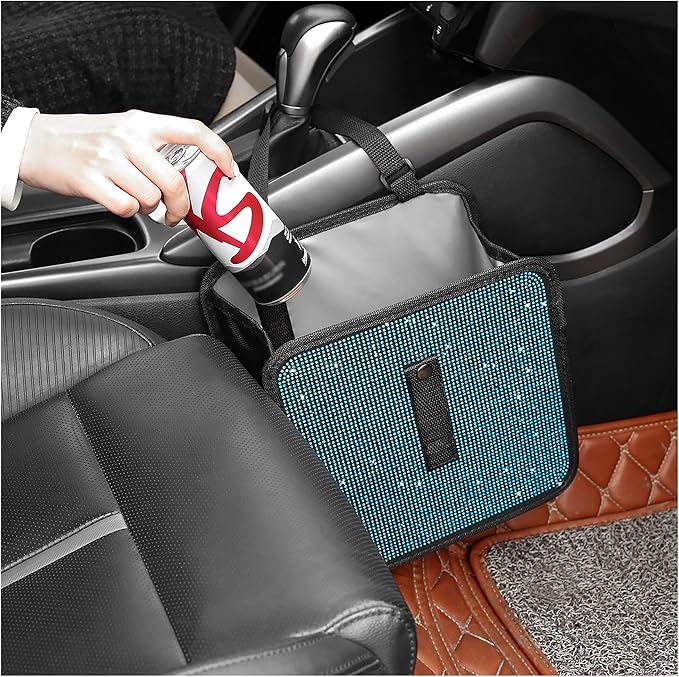 Foldable Trash Cans with Rhinestone, Bling Car Bin for Seat Organizer & Decorations, Universal Bling Accessories for Most Cars, SUVs, Trucks (Blue)