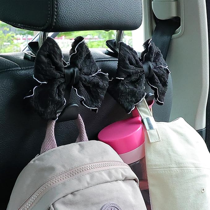 Amooca Car Seat Headrest Hook Cute Bowknot Vehicle Hanger Car Storage Organizer for Handbag Purse Coat Grocery Bag Puff Black