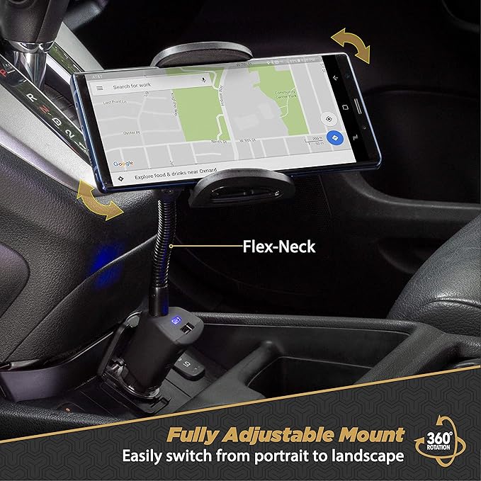 Scosche Universal 12V Car Phone Mount with USB Charger, Phone Holder with Cigarette Lighter Adapter for 12V Socket Plug-In, Flexible Gooseneck, Adjustable Cradle for iPhone & Android Cell Phones