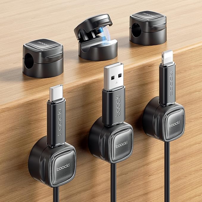 6 Pack Magnetic Cable Clips – Cord Organizer & Holder, Toocki Adhesive Cable Management, Wire Holder for USB Charging Cables, Ideal for Home, Office, Car, Desk, and Nightstand-Black