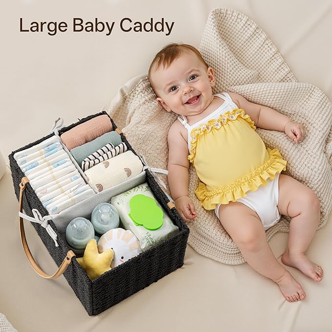 Angelhood Large Paper Rope Diaper Caddy, Baby Essentials Organizer, Portable Baby Shower Baskets Gift Bin, Car Storage Bag for Nursery