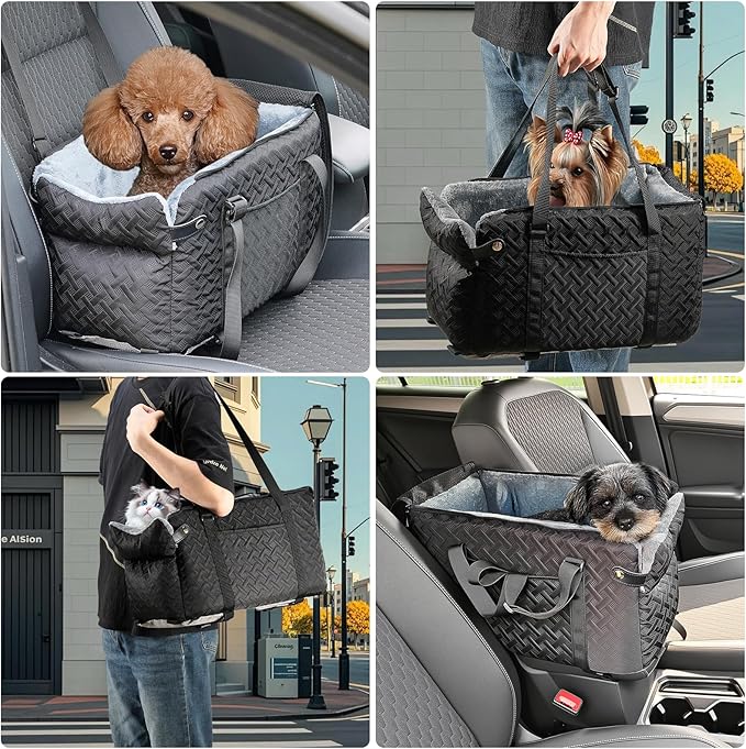 Center Console Dog Car Seat for Small Dogs Cats (Up to 15 lbs) - Washable, Foldable Pet Booster Seat with Safety Hooks, Adjustable Straps & Storage Pocket