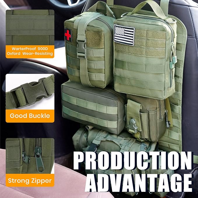 6 Pack Tactical MOLLE Car Seat Back Organizer - Universal Vehicle Storage Bag with 5 Detachable MOLLE Pouches, US Flag Patch & Keychain, Fits Jeep, Truck, SUV, Car, (Grenn)