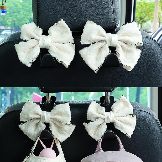 Amooca Car Seat Headrest Hook Cute Bowknot Vehicle Hanger Car Storage Organizer for Handbag Purse Coat Grocery Bag Puff Ivory