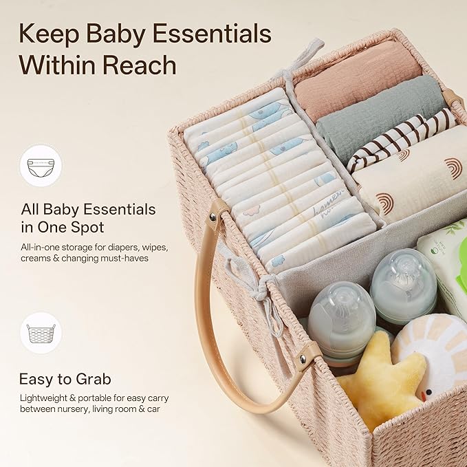 Angelhood Large Paper Rope Diaper Caddy, Baby Essentials Organizer, Portable Baby Shower Baskets Gift Bin, Car Storage Bag for Nursery