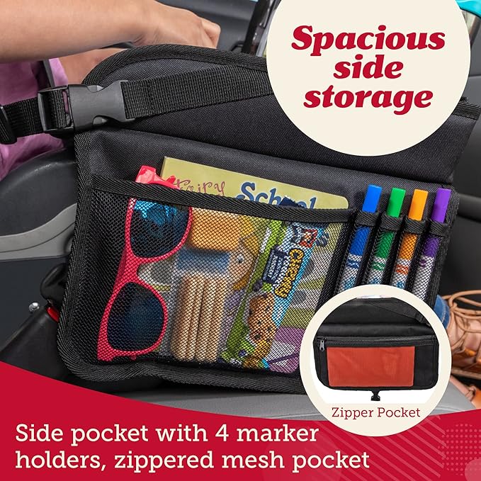 Lusso Gear Car Seat Tray - Dry-Erase Lap Desk for Kids Travel Activities - Snack & Cup Holder for Car Back Seat Organizer - Tablet Stand for Toddler Travel Essentials - Black