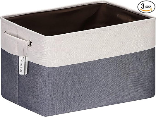 Sea Team 3-Pack Extra Large Storage Basket Set, Trunk Organizer, Clothes Toys Bin, 22 x 15 x 13 Inches, Rectangular Canvas Fabric Collapsible Shelf Box with Handles for Kids Room (Denim/White)