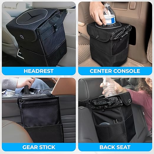 EcoNour Car Trash Can with Lid (1.5 Gallons), Hanging Garbage Can, Water Proof Trash Bag for Car, SUV, Truck, Car Trash Bin (Black), Car Trash Accessories with Multipurpose Storage
