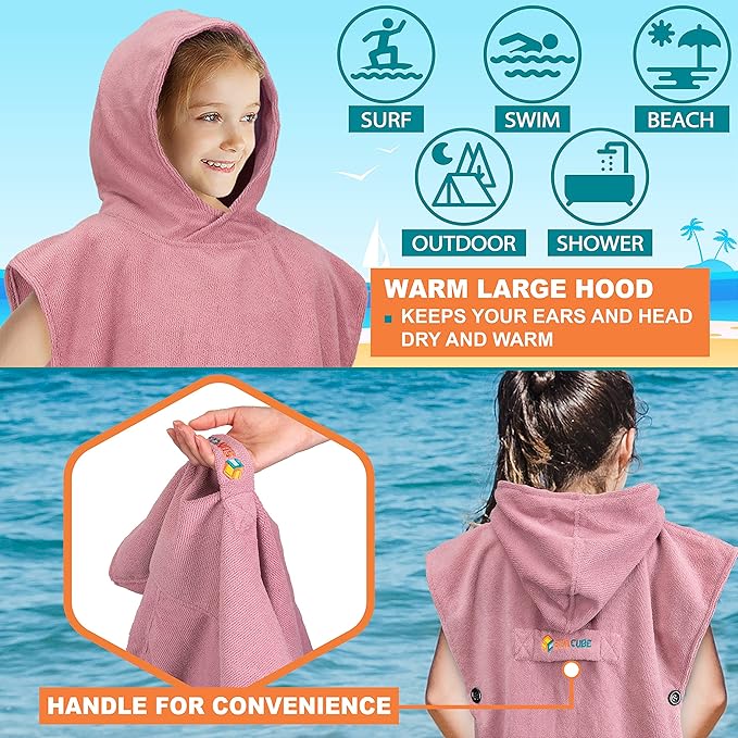 SUN CUBE Kids Changing Robe Surf Poncho, Kids Beach Towels for Teens, Microfiber Hooded Wearable Swim Towel Boys Girls Teenagers
