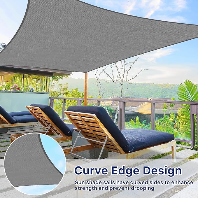 RoomHacks 12'x12' Sun Shade Sail, UV Protection Outdoor Shade, Curved Tear Resistant Heavy Duty Sun Shade for Patio Garden, Backyard, Deck, Car Port, Playground, (Grey)