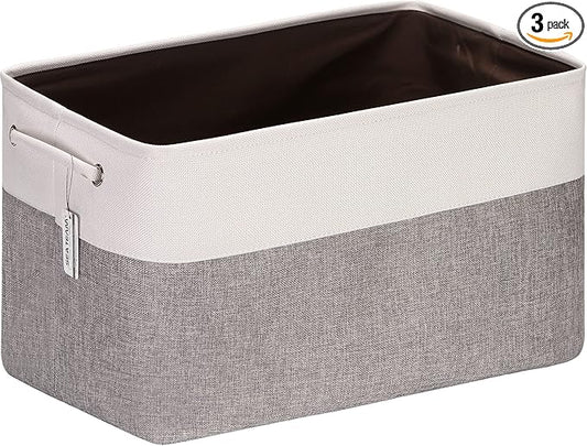 Sea Team 3-Pack Extra Large Storage Basket Set, Trunk Organizer, Clothes Toys Bin, 22 x 15 x 13 Inches, Rectangular Canvas Fabric Collapsible Shelf Box with Handles for Kids Room (Grey/White)