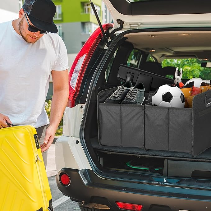 Simple Deluxe Car Trunk Organizer, 2 Compartments Anti-slip Design Collapsible Trunk Storage, Made of Waterproof 600D Oxford Polyester, Suitable for SUV, Minivan, Truck, Black