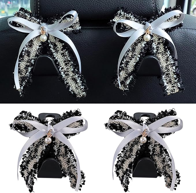 Amooca Car Seat Headrest Hook Cute Bowknot Vehicle Hanger Car Storage Organizer for Handbag Purse Coat Grocery Bag Black Grey