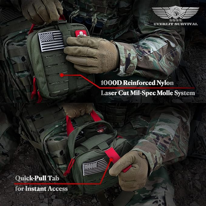 EVERLIT Advanced Trauma Kit, CAT GEN-7 Tourniquet, TCCC Compliant, Mil-Spec Nylon Laser Cut Pouch with 36" Splint, Military Combat Tactical IFAK for Emergency Bleeding Control