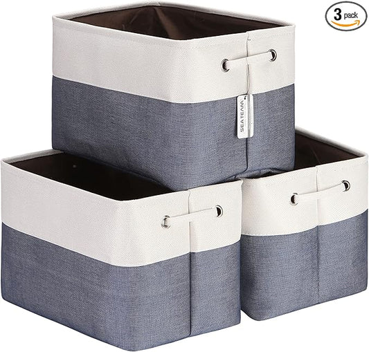 Sea Team 3-Pack Large Storage Basket Set, Trunk Organizer, Clothes Toys Bin, 15 x 10 x 10 Inches, Big Rectangular Canvas Fabric Collapsible Shelf Box with Handles for Kids Room (Denim/White)
